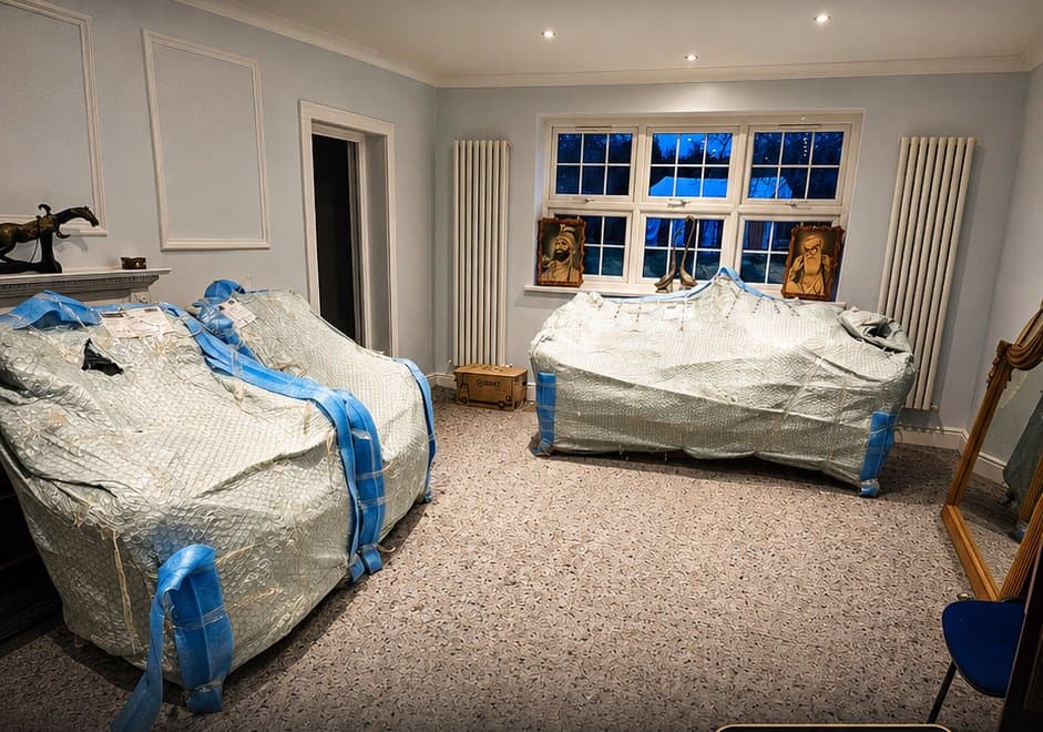 Classical sofas arriving fully wrapped and strapped for protection in a customer's home