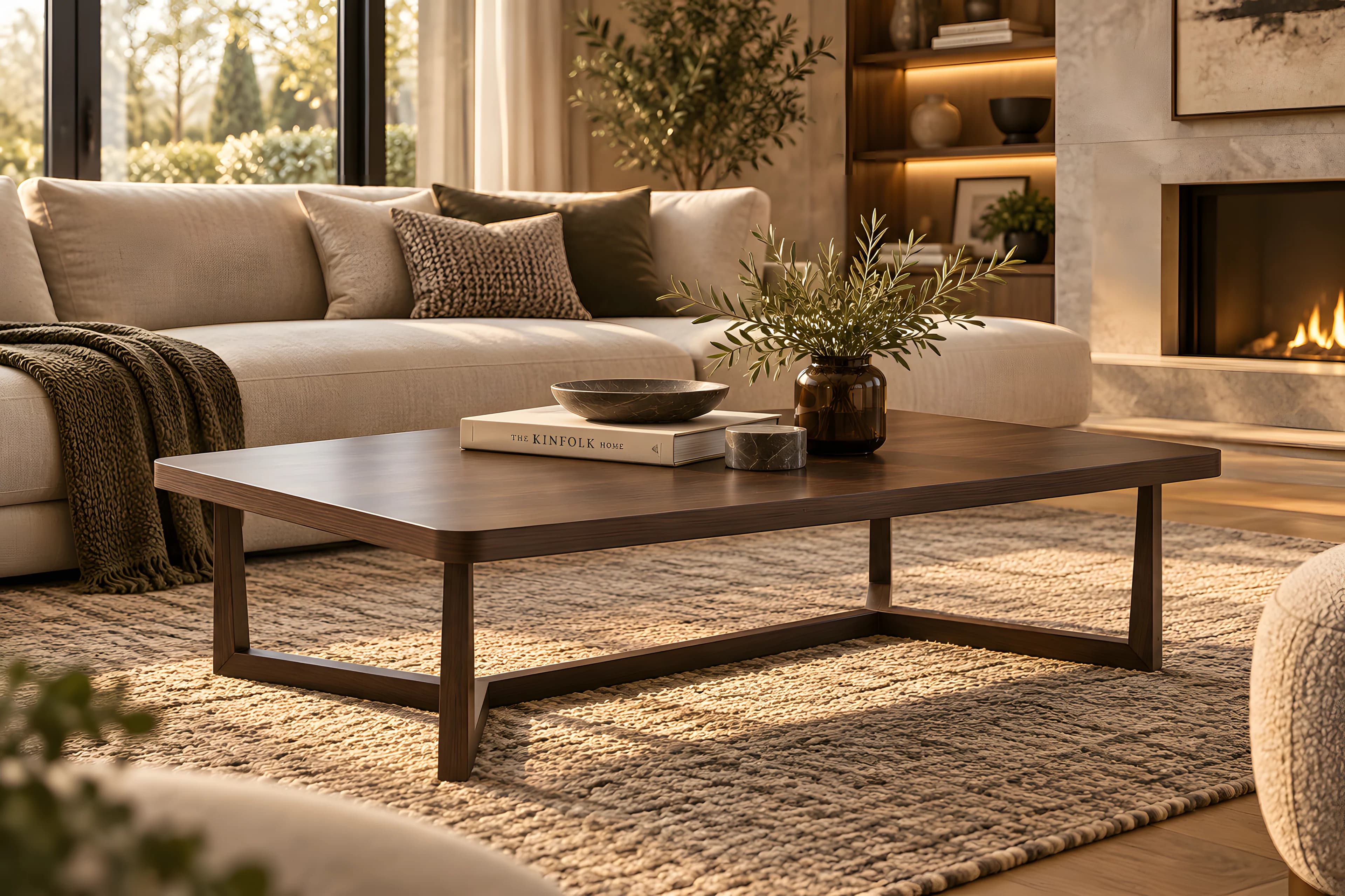 Rectangular walnut coffee table on a woven rug in front of a cream sofa and fireplace