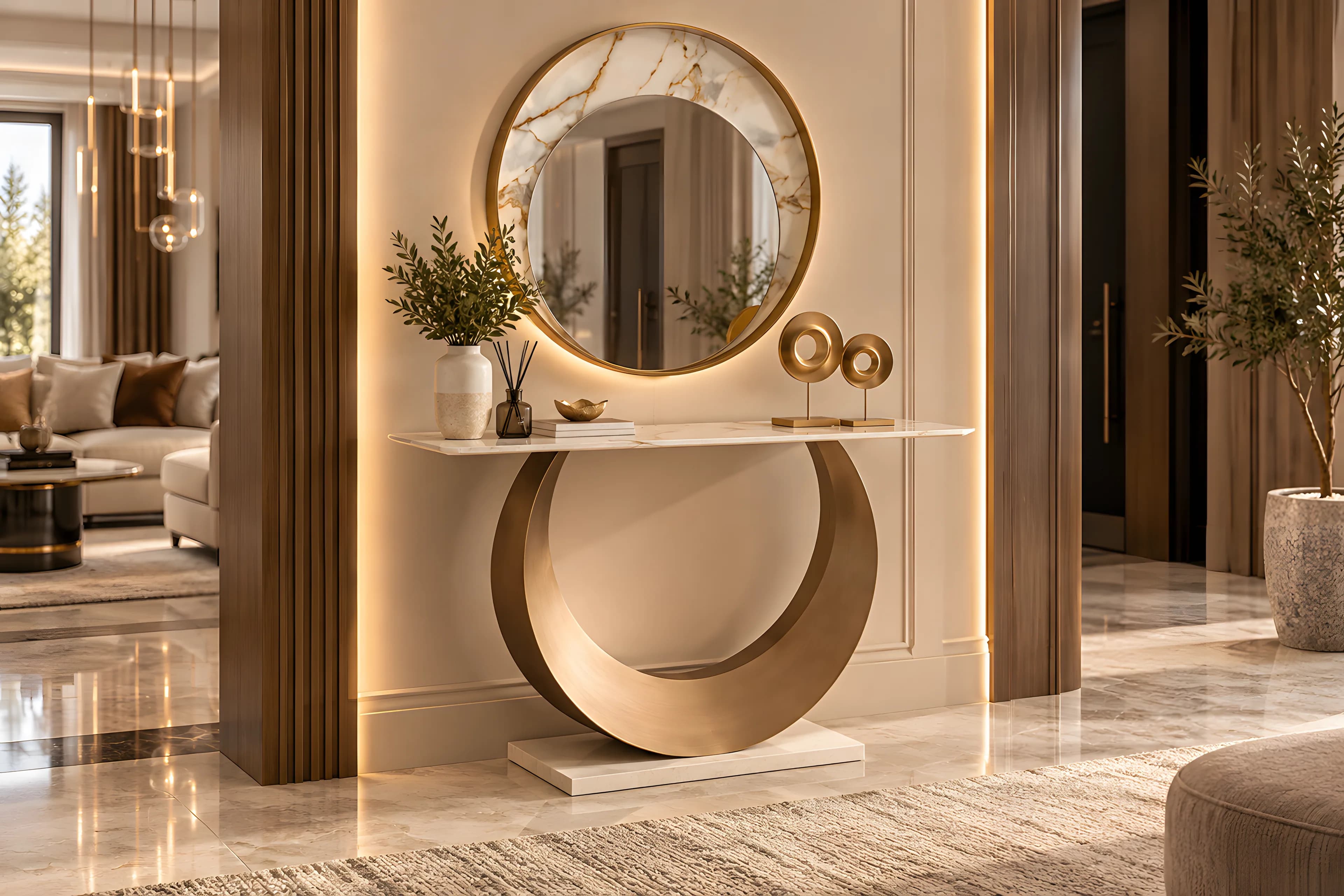 Brass crescent console table with marble top and round mirror in a warm entrance hall
