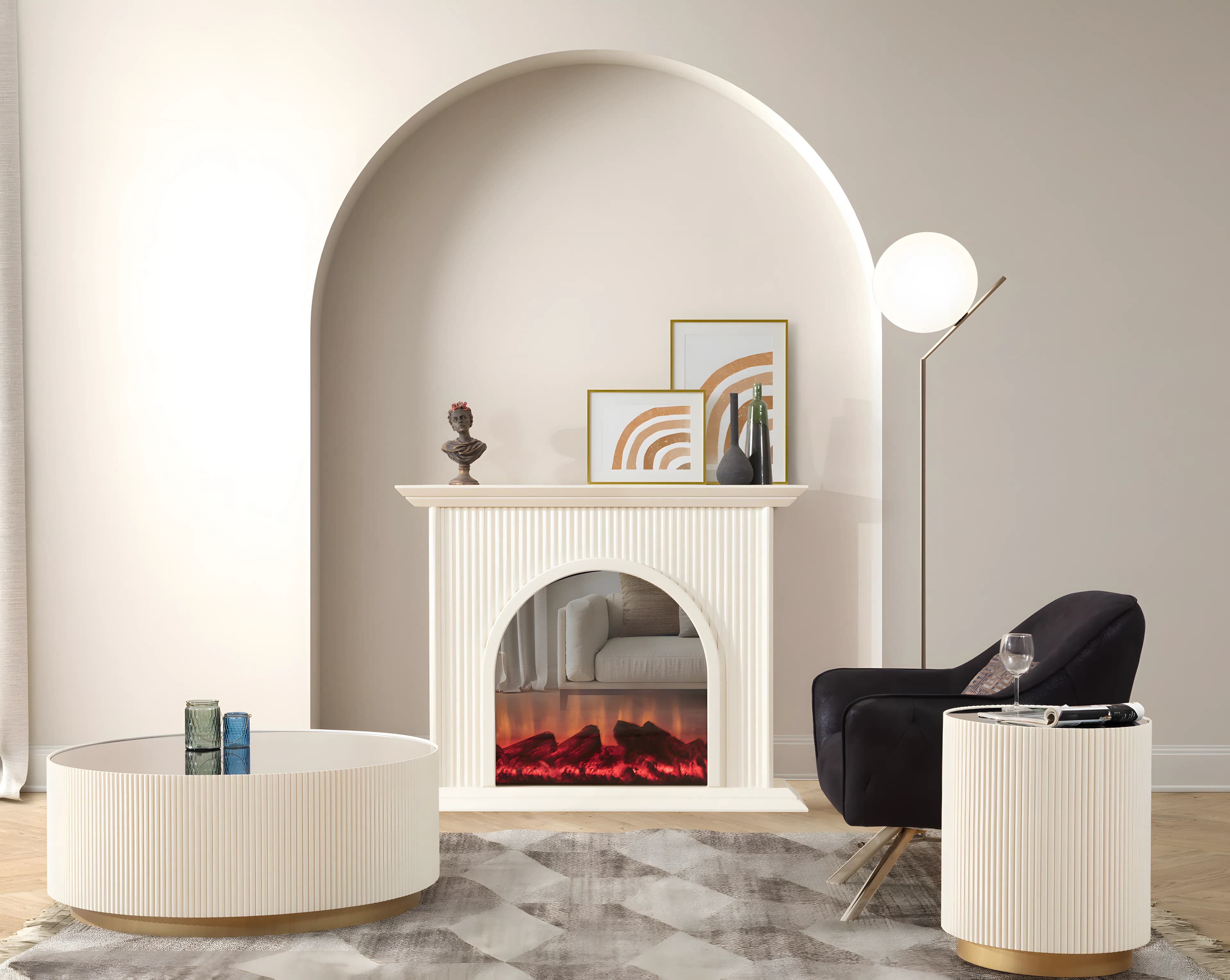 Cream arched electric fireplace surround with flame insert in a styled living room