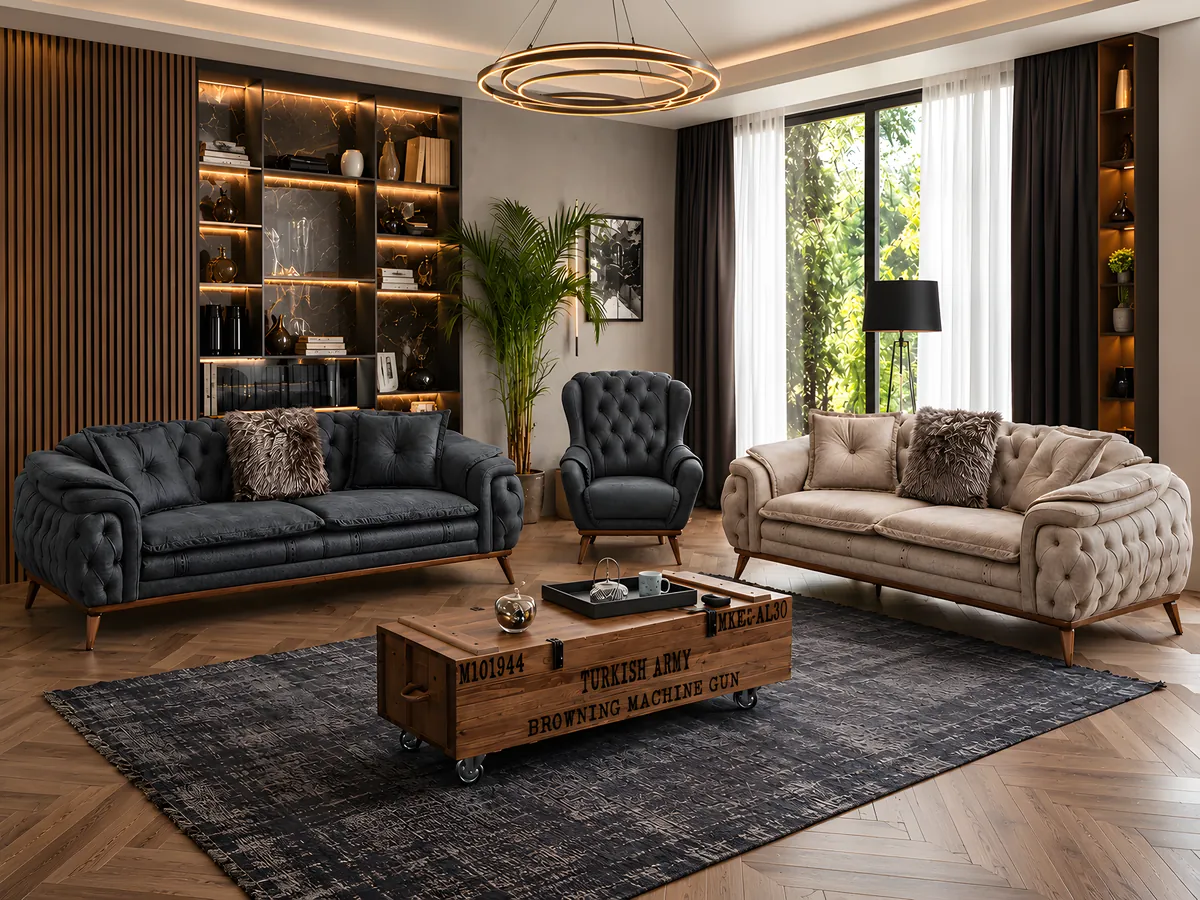 Dublin Sofa Set — a charcoal and a stone nubuck 3-seater with a charcoal armchair in a warm-lit living room