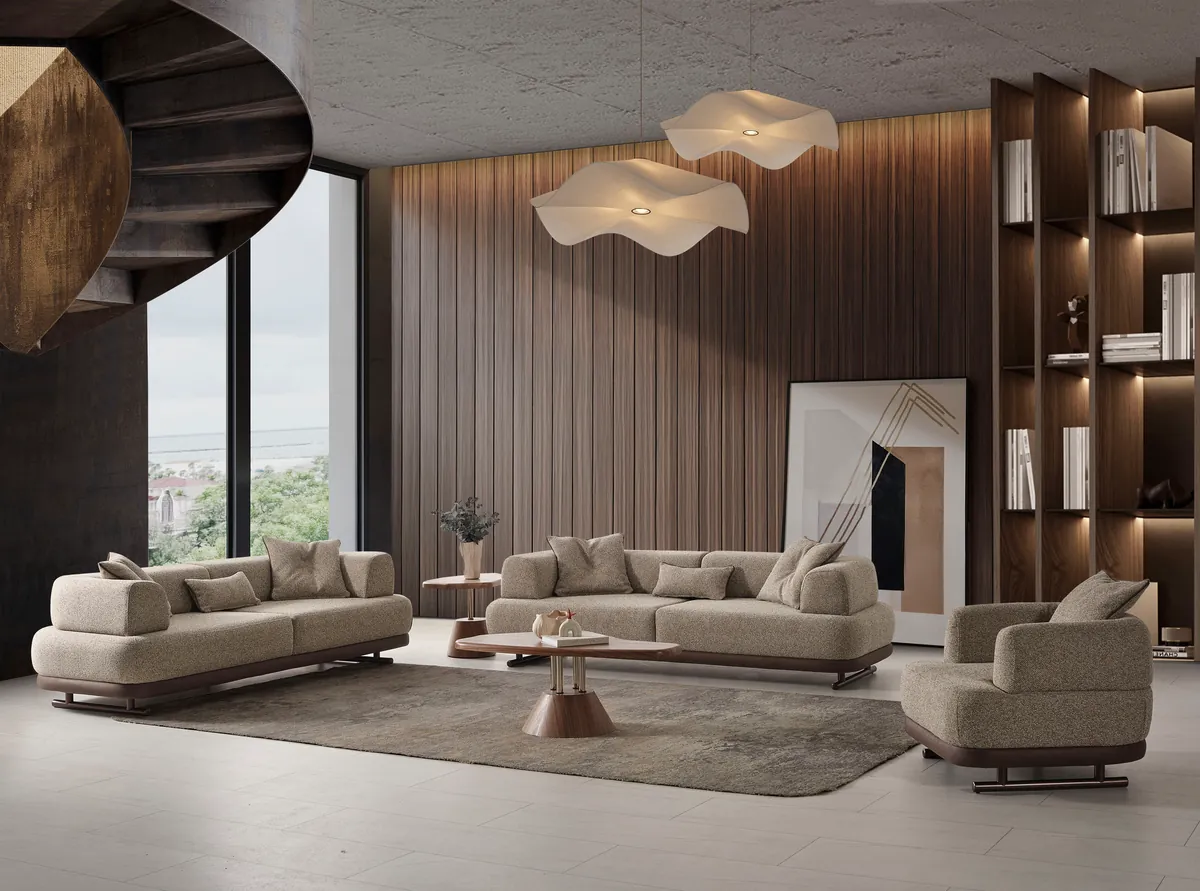 Mass Duru Sofa Set — two greige 3-seater sofas and an armchair in a warm, wood-panelled living room
