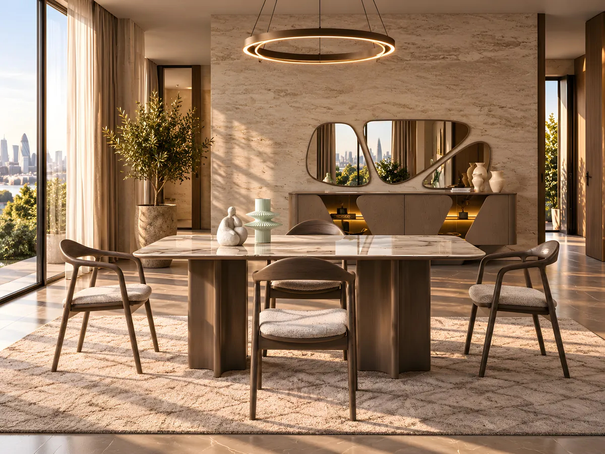 Rio Ada Dining Room Set — marble-effect table with four curved chairs, console and three-piece mirror in a sunlit room